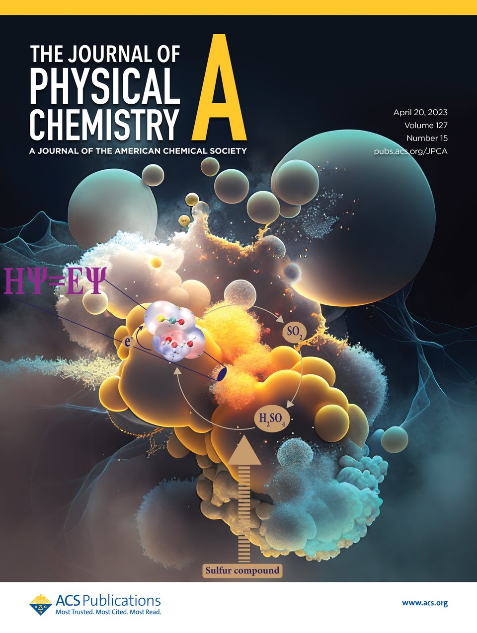 Front cover of The Journal of Physical Chemistry A, volume 127, issue 15 (2023), featuring cover art for the charge-shifted OCS article.