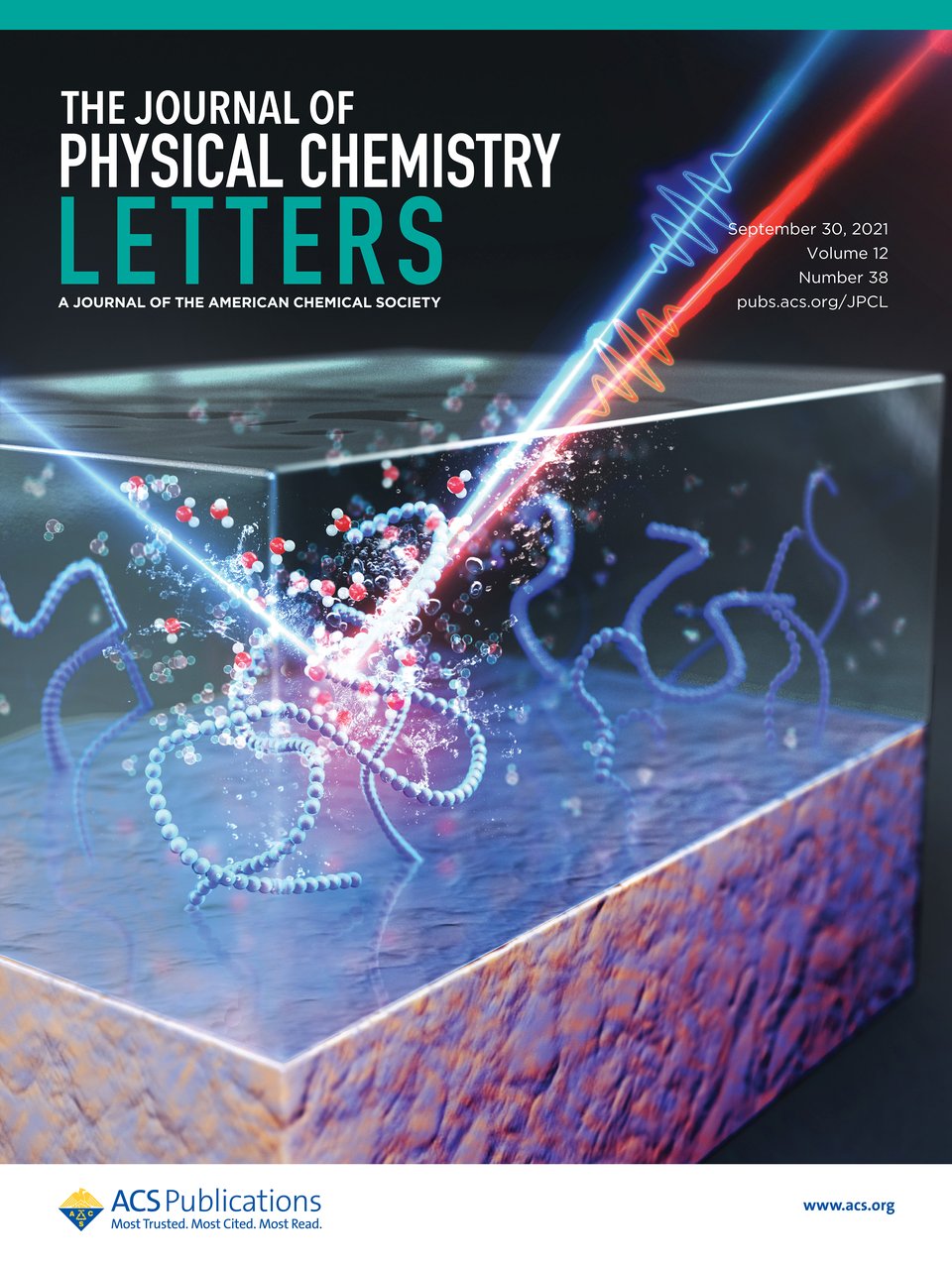 Cover of The Journal of Physical Chemistry Letters, volume 12, issue 38 (2021), featuring cover art for the adsorbed-water structure article.