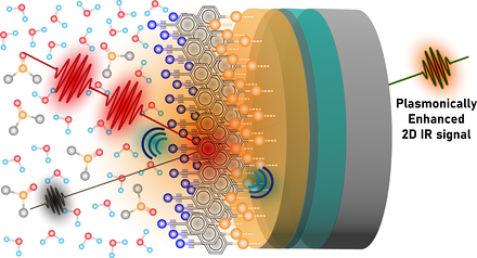 Two-dimensional infrared spectra of a nitrile probe at a gold surface, arranged in a grid: columns are waiting times of 0.2 and 2 picoseconds, rows are 0, 5 and 20 mol% DMSO. The tilt of each peak relaxes faster as the DMSO fraction increases, indicating faster hydrogen-bond rearrangement.