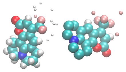 Two radial distribution function plots for coumarin 6H in ethanol, monofluoroethanol and trifluoroethanol, showing a sharp first solvation peak near 2.5 ångström that is strongest in trifluoroethanol.