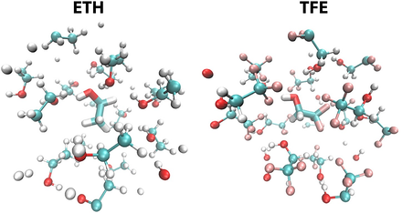 Molecular dynamics snapshot of bulk trifluoroethanol showing a self-aggregated cluster of molecules within a six-ångström shell, with fluorine, oxygen and hydrogen atoms distinguished by colour.