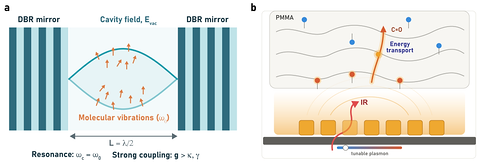 Two-panel schematic. Left: a Fabry–Perot cavity between two distributed Bragg reflector mirrors separated by half a wavelength, with the vacuum cavity field drawn as a lens shape and molecular vibrations as arrows within it, and the resonance and strong-coupling conditions written beneath. Right: a PMMA film above an array of indium tin oxide nanocrystal blocks, with an infrared wave entering from below along a tunable-plasmon scale bar and an arrow marking vibrational energy transport through the polymer via the carbonyl mode.
