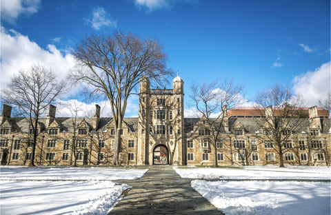 A Gothic stone quadrangle at the University of Michigan in winter, with bare elm trees, a snow-covered lawn and a central archway tower.