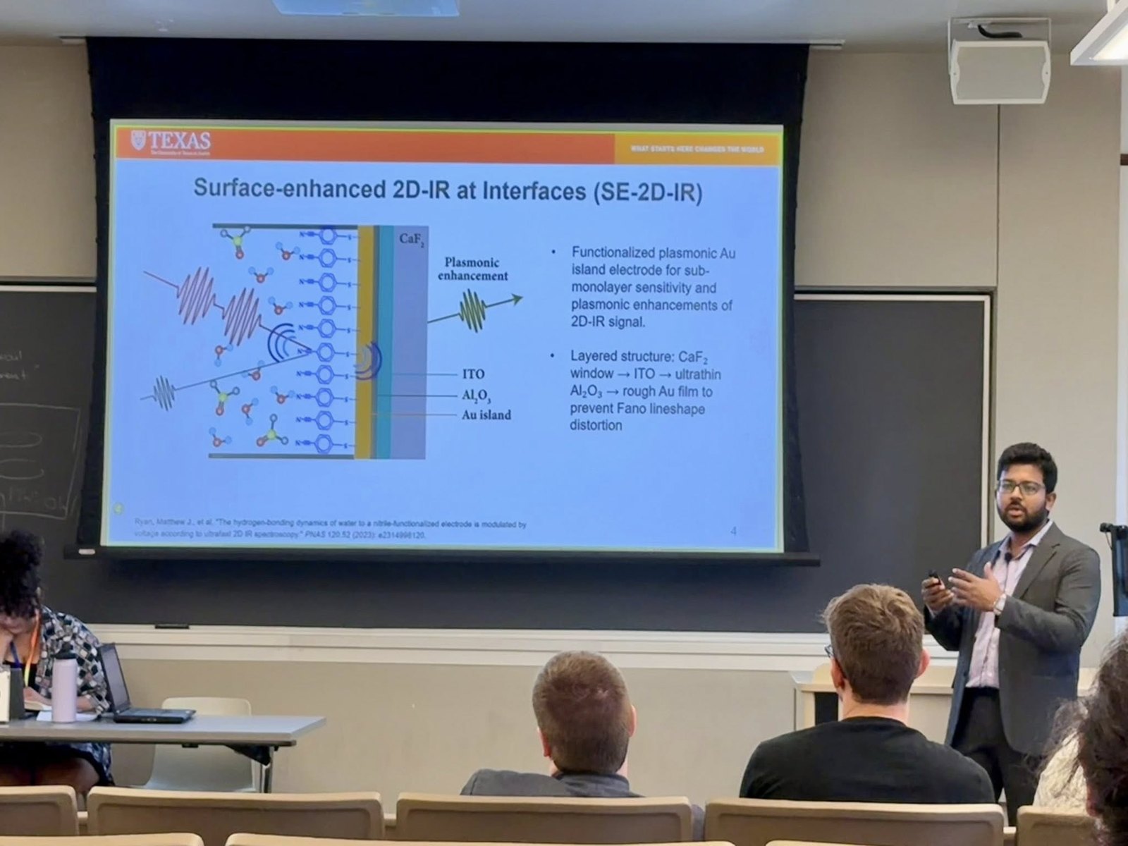 Saptarsi Mondal presenting at a lectern beside a projected slide during the 78th International Symposium on Molecular Spectroscopy.