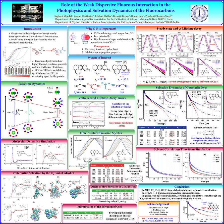 Conference poster on fluorous interactions in solvation dynamics, showing infrared spectra, molecular dynamics snapshots and decay curves.
